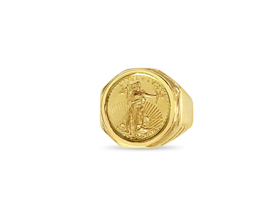 Fancy Solid Gold Handmade Coin Ring , 1/10oz Coin ,
