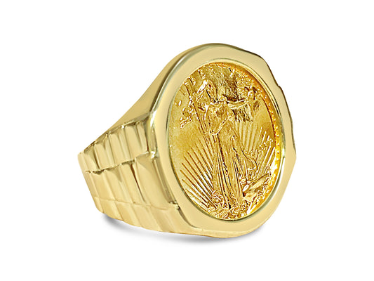Fancy Solid Gold Handmade Coin Ring , 1/4oz Coin ,