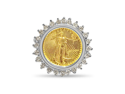 Diamond Fancy Solid Gold Handmade Coin Ring , 1/10oz Coin ,