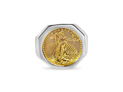 Fancy Solid Gold Handmade Coin Ring , 1/10oz Coin ,