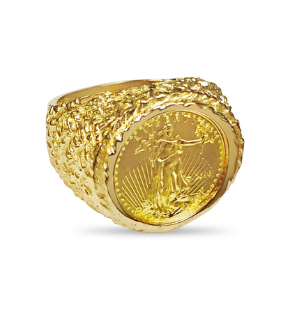 Nugget Solid Gold Handmade Coin Ring , 1/10oz Coin ,