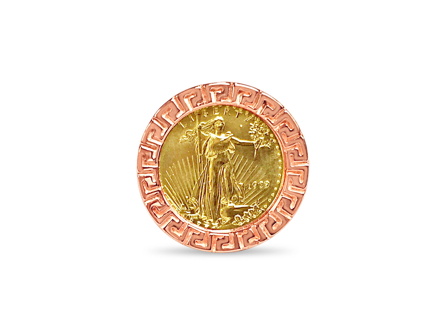 Greek Key Frame Solid Gold Handmade Coin Ring , 1/10oz Coin ,