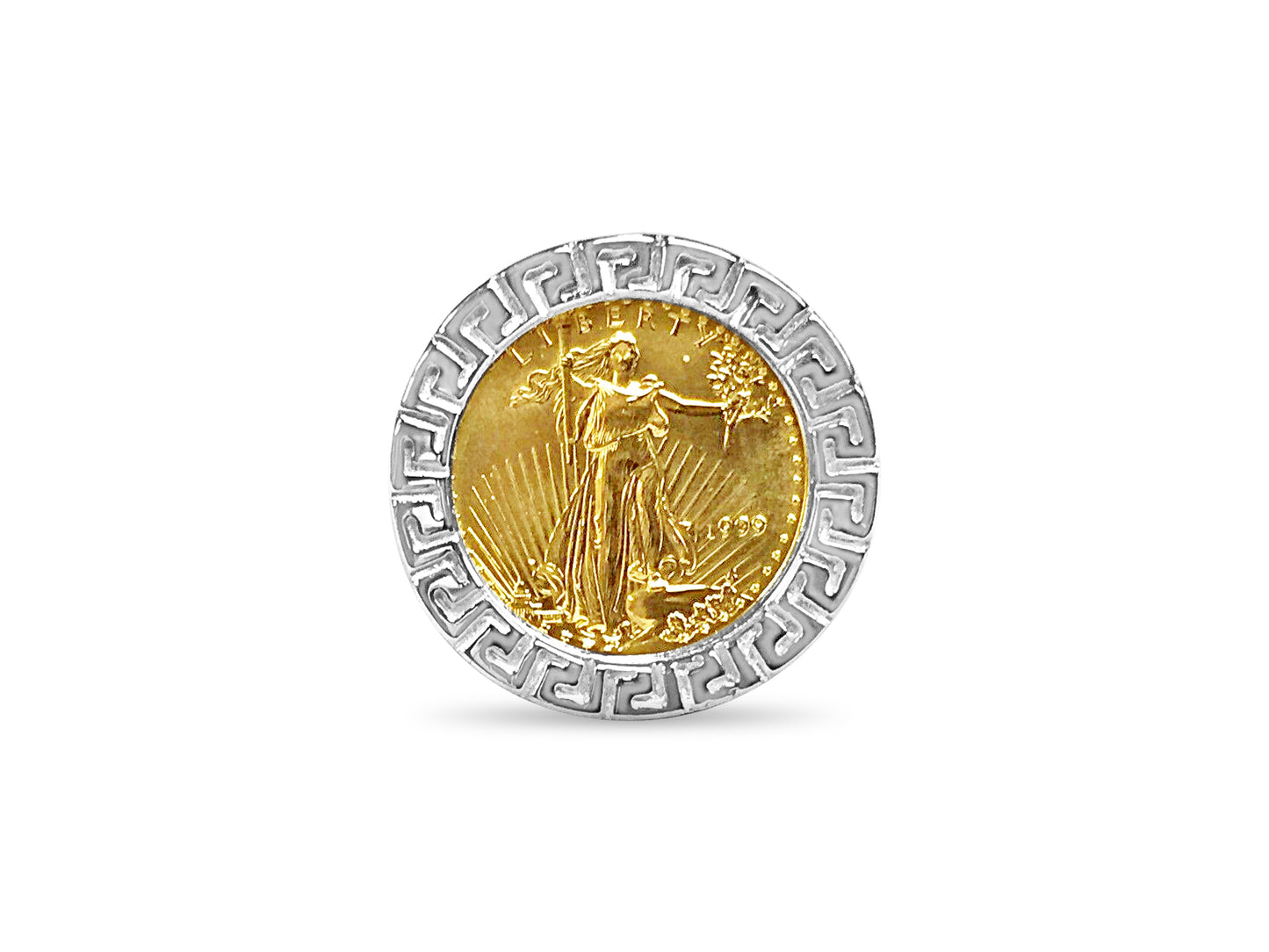 Greek Key Frame Solid Gold Handmade Coin Ring , 1/10oz Coin ,