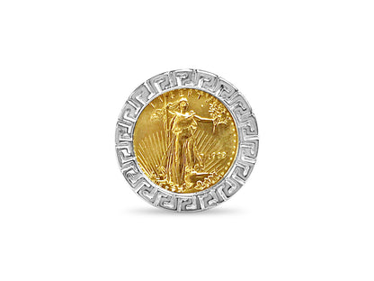 Greek Key Frame Solid Gold Handmade Coin Ring , 1/10oz Coin ,
