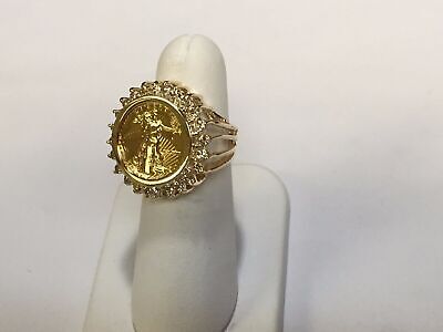 Diamond Fancy Solid Gold Handmade Coin Ring , 1/10oz Coin ,