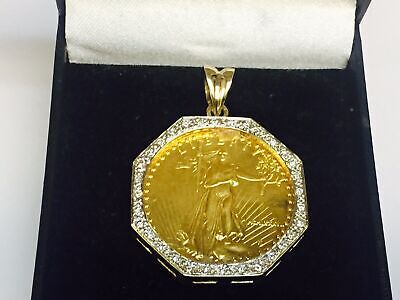 Diamond Fancy Solid Gold Handmade Coin Pendant , 1oz Coin ,