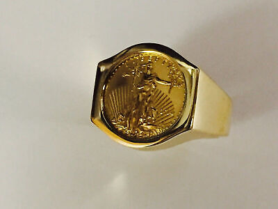 Fancy Solid Gold Handmade Coin Ring , 1/10oz Coin ,