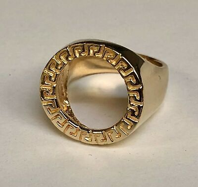 Greek Key Frame Solid Gold Handmade Coin Ring , 1/10oz Coin ,