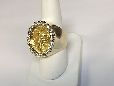 Diamond Fancy Solid Gold Handmade Coin Ring , 1/4oz Coin ,