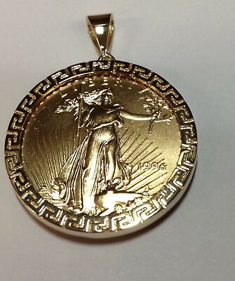 Greek Key Frame Solid Gold Handmade Coin Pendant , 1oz Coin , 32mm