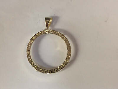 Greek Key Frame Solid Gold Handmade Coin Pendant , 22mm