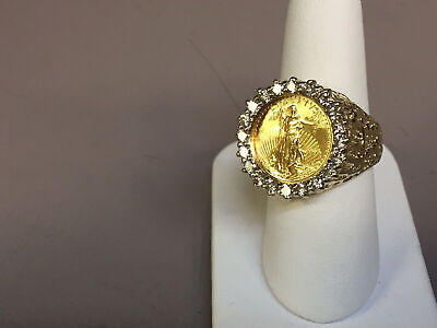 Diamond Nugget Solid Gold Handmade Coin Ring , 1/10oz Coin ,