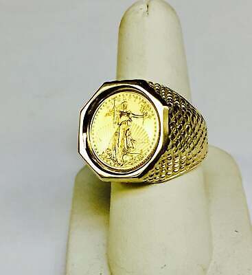 Fancy Solid Gold Handmade Coin Ring , 1/10oz Coin ,