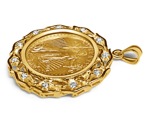 Diamond Fancy Solid Gold Handmade Coin Pendant , 1/4oz Coin ,