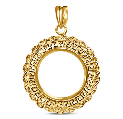 Greek Key Rope Frame Solid Gold Handmade Coin Pendant , 1/4oz Coin , 32.5x45mm