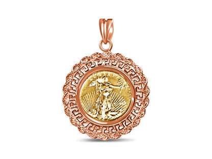 Greek Key Rope Frame Solid Gold Handmade Coin Pendant , 1/4oz Coin , 32.5x45mm