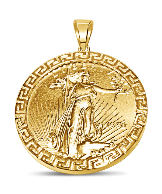 Greek Key Frame Solid Gold Handmade Coin Pendant , 1oz Coin , 32mm