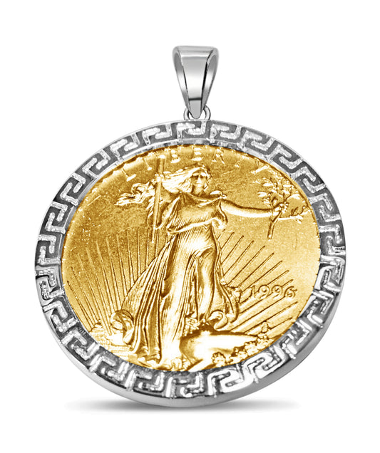 Greek Key Frame Solid Gold Handmade Coin Pendant , 1oz Coin , 32mm