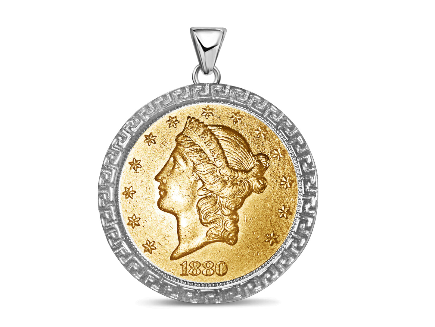 Greek Key Frame Solid Gold Handmade Coin Pendant , 1oz Coin , 27mm